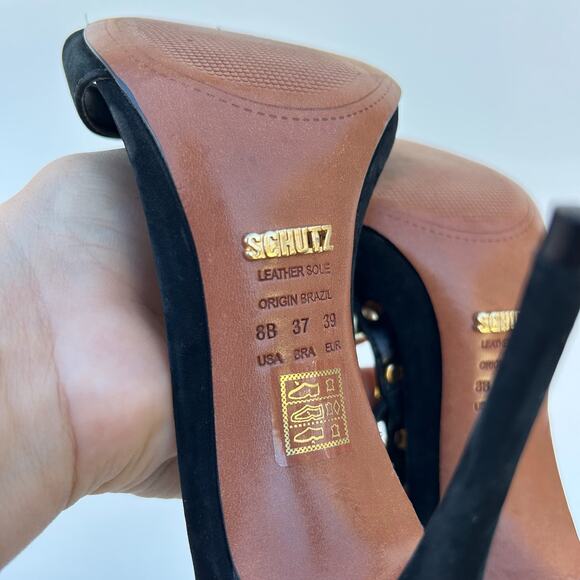 Schutz Black Suede Studded Heels Gold Ankle Strap Pointed Stiletto Pumps 8 39 - Picture 10 of 11